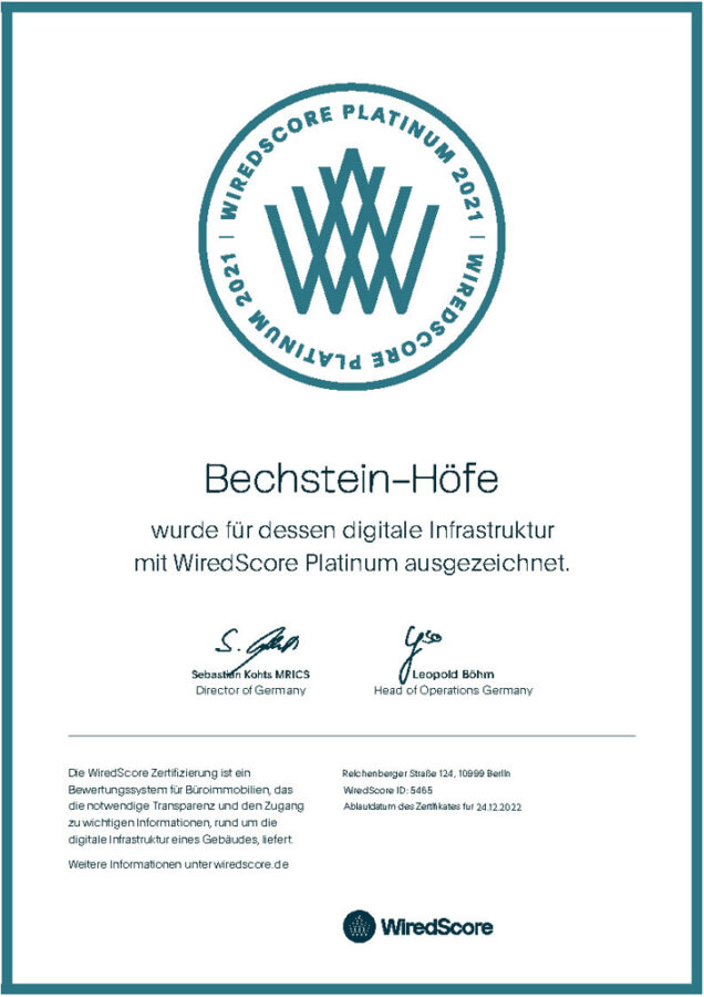 Bürofläche im Bechstein Hof in Berlin-Kreuzberg, Glasfasernetz, WiredScore Platinum Zertifikat - Reichenberger Str. 124_WiredScore_Zertifikat