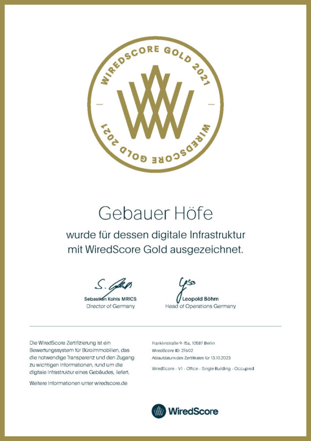 Attraktive Bürofläche an der Spree in Berlin-Charlottenburg - sucht Mieter bis Dezember 2024 - Gebauer Höfe_WiredScore_Zertifikat